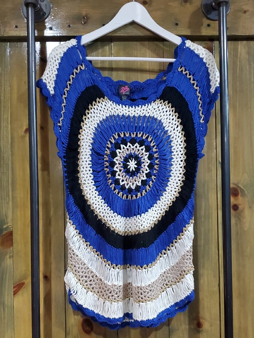 2B Bebe Hand-Crocheted Blue, White Gold & Tan Tunic Top Festival Gypsy Boho Pool